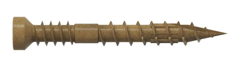 Top Shelf Low Profile Finish Trim Screws For Fast Carpenter Jobs Without The Protruding Head Hassle Sawtooth Shank Drives Smoothly With T10 Bits Corrosion Shield Coating Light Brown Wood Fasteners In Bulk 500 Qty Box from a side view showing the unique sawtooth tip.