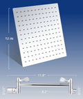 12 Inch Rain Shower Head With 11 Inch Adjustable Extension Arm Large Square Shower Head In 304 Stainless Steel Chrome Finish