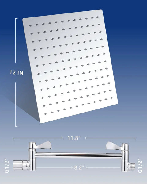 12 Inch Rain Shower Head With 11 Inch Adjustable Extension Arm Large Square Shower Head In 304 Stainless Steel Chrome Finish
