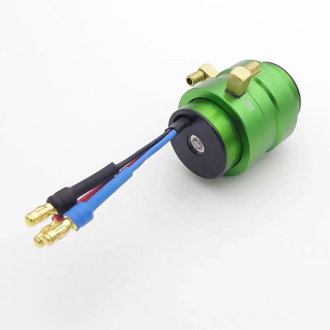2440 KV Brushless RC Boat Motor With 24mm Can Water Cooling Jacket, shown at an angle displaying wires and cooling jacket