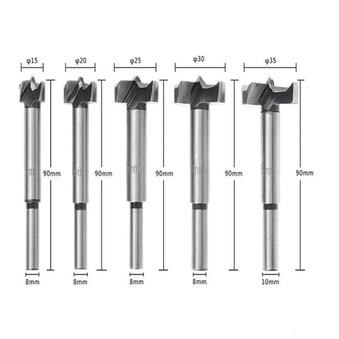 Boss Level High Carbon Steel Forstner Drill Bit Set 5 Piece showing sizes 15mm to 35mm for precision woodworking and DIY projects.