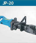 AoXhugB Handheld Electric Rebar Bender, Portable Hydraulic Steel Bending Machine with a blue handle and solid cast iron head.