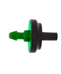 Side view of a green and black 2 GPH Pressure Compensating Dripper, part of a 50 pack for drip irrigation systems, designed for gardens, shrubs, and trees.