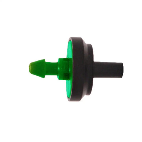 Side view of a green and black 2 GPH Pressure Compensating Dripper, part of a 50 pack for drip irrigation systems, designed for gardens, shrubs, and trees.