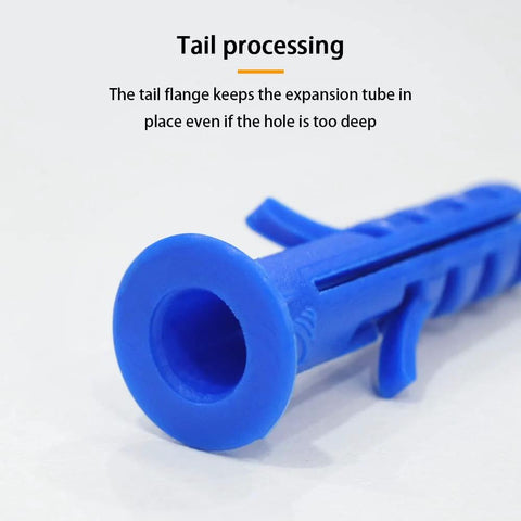 Close-up of blue nylon expansion anchor from DIY Wood Screws Set M3 M4 M5 With Drywall Anchors Kit, showing flange detail.