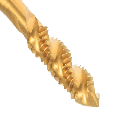 Two Pack High Speed Steel Spiral Point Plug Threading Tap 1/4-20 Wear Resistant, Fast Cutting, Rugged Pro Grade Tool For Metal And Hard Materials, Power Tool Accessory, Long Lasting Threads close-up of gold HSS spiral point tap