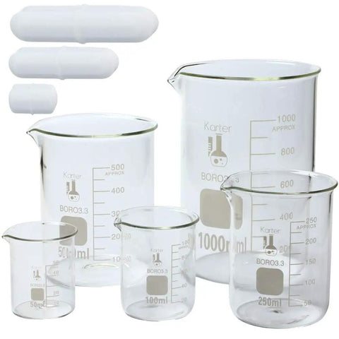 Low Form Beaker Set With Magnetic Stir Bars In Five Sizes 50 mL 100 mL 250 mL 500 mL And 1000 mL For Easy Lab Mixing 3.3 Borosilicate Glass