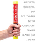 Hand holding a Straight Up No Hassle Compact Fire Extinguisher Packing Extended 100 Second Discharge for Car RV Boat Shed Storage.