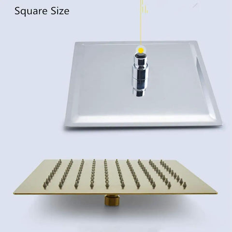 Brushed Gold Wall Mounted Shower System With Large Rainfall Head And Detachable Handheld Super Smooth Pressure Flow Instant Temperature Control Total Bathroom Glow Up Built Like A Tank For Everyday Luxury rainfall head with square design and nozzles.