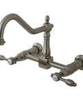 Tudor Style Wall Mount Bridge Kitchen Faucet in polished brass with 8.5 inch reach and 8.1 inch high arc