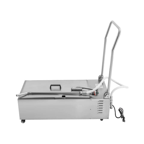 Slick Rolling Commercial Fryer Oil Filter Machine Cart With Four Swivel Wheels And A Massive Fifteen Gallon Tank, stainless steel.
