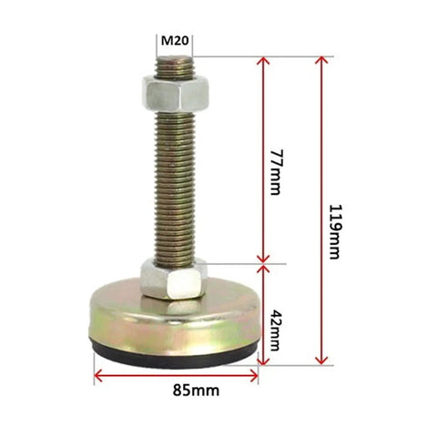 Set Of Ten Heavy Duty Furniture Leveling Feet With Titanium Coated Stainless Steel Rods and M20 Threads showing dimensions and details.