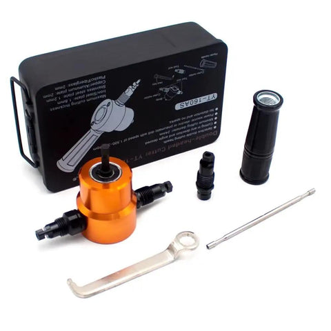 Heavy Duty 6Mm Metal Sheet Cutter With Double Head Electric Drill Attachment For Nibbling Punching And Scoring, included tools and components.