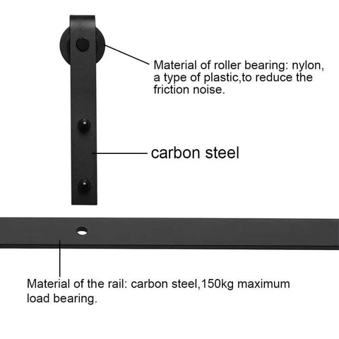 Diagram showing materials in Beefy Black J Shaped Hangers Sliding Barn Door Hardware Kit For Closets And Double Doors 4ft To 9.6ft With Long Steel Rail