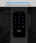 Outdoor Door Access Control System Kit IP68 Waterproof RFID Keypad with backlit interface installed on a wall indoors.