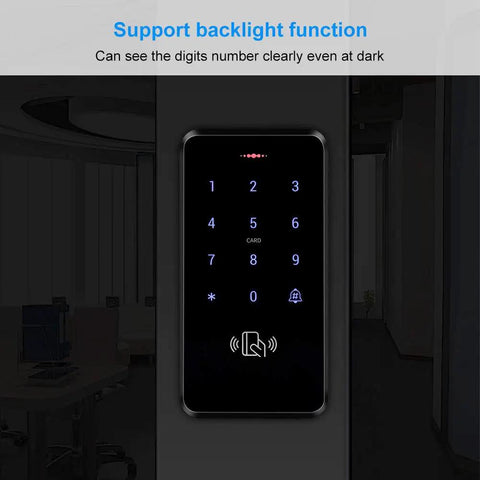 Outdoor Door Access Control System Kit IP68 Waterproof RFID Keypad with backlit interface installed on a wall indoors.