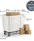 Heavy Duty White Rolling Garbage Can With 600 Pound Load Rating And 12 Cubic Foot Construction Dump Cart with cardboard boxes.