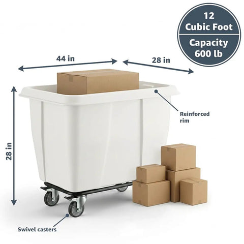 Heavy Duty White Rolling Garbage Can With 600 Pound Load Rating And 12 Cubic Foot Construction Dump Cart with cardboard boxes.