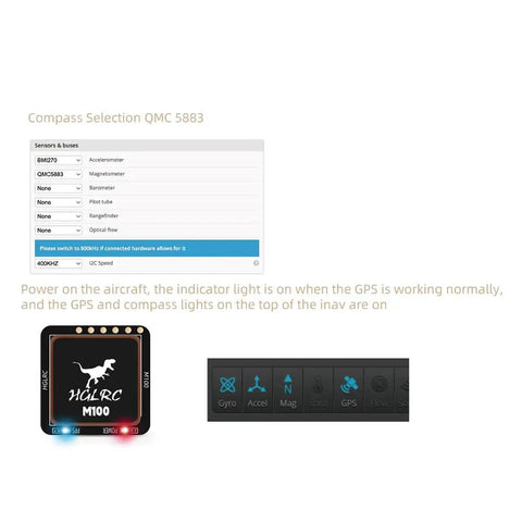 Compass Module With Upgraded 10th Gen Chip For FPV Fixed-Wing UAVs interface showing operational status and indicator lights.
