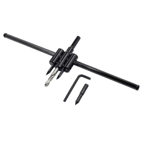 Luomorgo adjustable hole saw circle cutter with drill bits and hex key, black metal, angled view