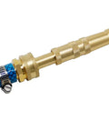 Workhorse Heavy Duty Brass Adjustable Twist Hose Nozzle attached to blue garden hose showing leak-proof seal and 4-hole tip