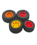 Red 34mm Rubber Toy Car Wheels With 2mm Shafts And 5 Round Rod Axles 10 Pack for RC Cars Trucks displayed in assorted colors