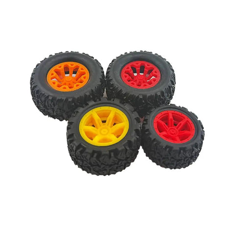 Red 34mm Rubber Toy Car Wheels With 2mm Shafts And 5 Round Rod Axles 10 Pack for RC Cars Trucks displayed in assorted colors