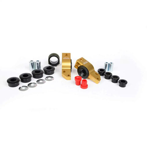 Front And Rear Suspension Bushing Kit For 2004 To 2018 Volkswagen Audi featuring black and gold bushings and hardware.