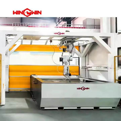 Waterjet cutting machine with gantry and robotic head; white frame, orange panels, WingWin branding.