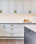 10 Pack 1-1/4 Inch Cabinet Knobs with 2.8-Inch Backplates Satin Gold Brushed Brass Drawer Knobs on kitchen cabinets.