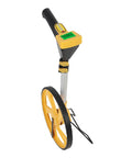 Kickass Digital Measuring Wheel With Foldable Frame And Crisp Backlit Screen For Fast Lot Measurements And Parking Lot Layouts Up to 99999 Feet side view with yellow wheel and digital display