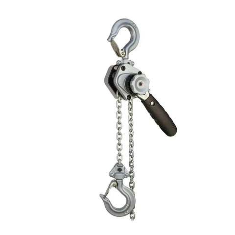 Durable Aluminum Hand Chain Hoist For Heavy Lifting And Wire Tightening Tasks With 0.5 Ton Capacity and 3Meter Length for Portable Rigging Work Anywhere, showing hoist with chains and hooks.