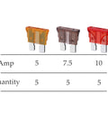 18 Gauge Inline Fuse Holder Kit, 5 Pack Waterproof Fuse Holders with 15 ATC/ATO Fuses showcasing 5A, 7.5A, 10A fuses