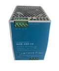 Industrial 480W 24V Switch Power Supply For PLC Driven Electric Cabinets Heavy Duty Pro Grade DC Converter With Stable Output For Automation Equipment Reliable Industrial Quality Unit For Control Panels And Drives front view