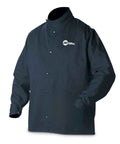 Navy Welding Jacket Cotton Nylon 88 Percent Cotton 12 Percent Nylon Size Large With Snap Button Cuffs Fold In Snaps And Inside Pocket