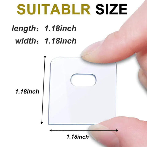 Clear adhesive patch showing dimensions of 1.18 by 1.18 inches for Quick Fix Vertical Blind Repair Kit With Grippy Adhesive Tabs.