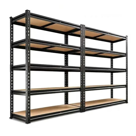 Heavy Duty 5 Tier Bolt Free Storage Shelving Rack 2 Pack Quick Snap Metal Shelves for organizing garage or workshop.