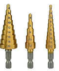 Three Piece Titanium Coated HSS Step Drill Bits Set For Precise Drilling And Quick Hole Sizing, Create Multiple Diameters In One Bit