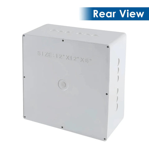 Heavy Duty Waterproof Junction Box With Pre Punched Cutouts For Outdoor Wiring Hassle Free Setup Plastic Electrical Enclosure No Sweat Weather Guard For Shed Or Garage Upgrades rear view showing size 12x12x6 inches