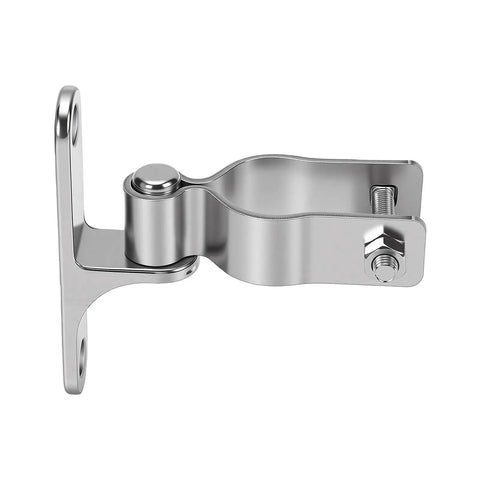 Side view of a Heavy Duty Gate Hinges Set in 304 Stainless Steel for Wood and Chain Link Fences, wall mounted with bolts and nuts.