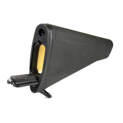 Black Fixed A2 Style Rifle Length Stock For AR Platform Builds, Durable Polymer Construction, angled rear view showing details