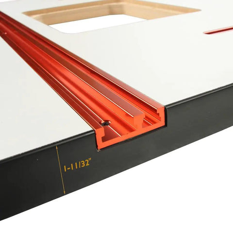 Rock Solid Mdf Router Table Top With Smooth Melamine Finish Provides Dead Flat Precision For Big Block Woodworking Builds Constructed Ridiculously Tough For Daily Shop Grind 32 By 24, showing red tracking groove.