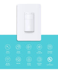 Smart Motion Sensor Dimmer Switch For Single Pole Lights, Neutral Wire Required, 2.4GHz WiFi, Works With Alexa And Google Assistant, No Hub Needed, UL Certified, White, 1 Pack on a blue background with icons