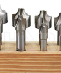 Shars 8-piece HSS corner-rounding end mill set on a wooden block, sizes 1/16"–3/8"