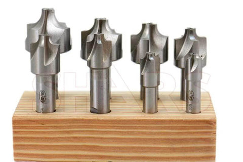 Shars 8-piece HSS corner-rounding end mill set on a wooden block, sizes 1/16"–3/8"