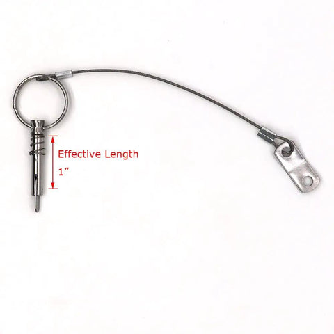 Four Pack Quick Release Pins One Quarter Inch Diameter With Drop Cam And Spring For Bimini Tops And Marine Hardware On Deck Lanyard Keeps Pins From Getting Lost Made From 316 Stainless Steel Includes Free Installation Screws showing single pin with lanyard and length measurement
