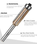 Premium 4 Piece Flush Trim Router Bit Set With Quarter Inch Universal Shank And Solid Carbide Tips for precise cutting and durability.