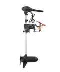 Slick 60 Lb Thrust Transom Mounted Electric Trolling Motor With Eight Speed Settings And Led Battery Display mounted on a black shaft.