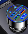 Final Boss Fast Car Charger With 120 Watt Raw Power And Six Lightning Quick Ports serving as a USB C adapter with LED display.