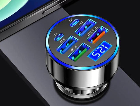Final Boss Fast Car Charger With 120 Watt Raw Power And Six Lightning Quick Ports serving as a USB C adapter with LED display.